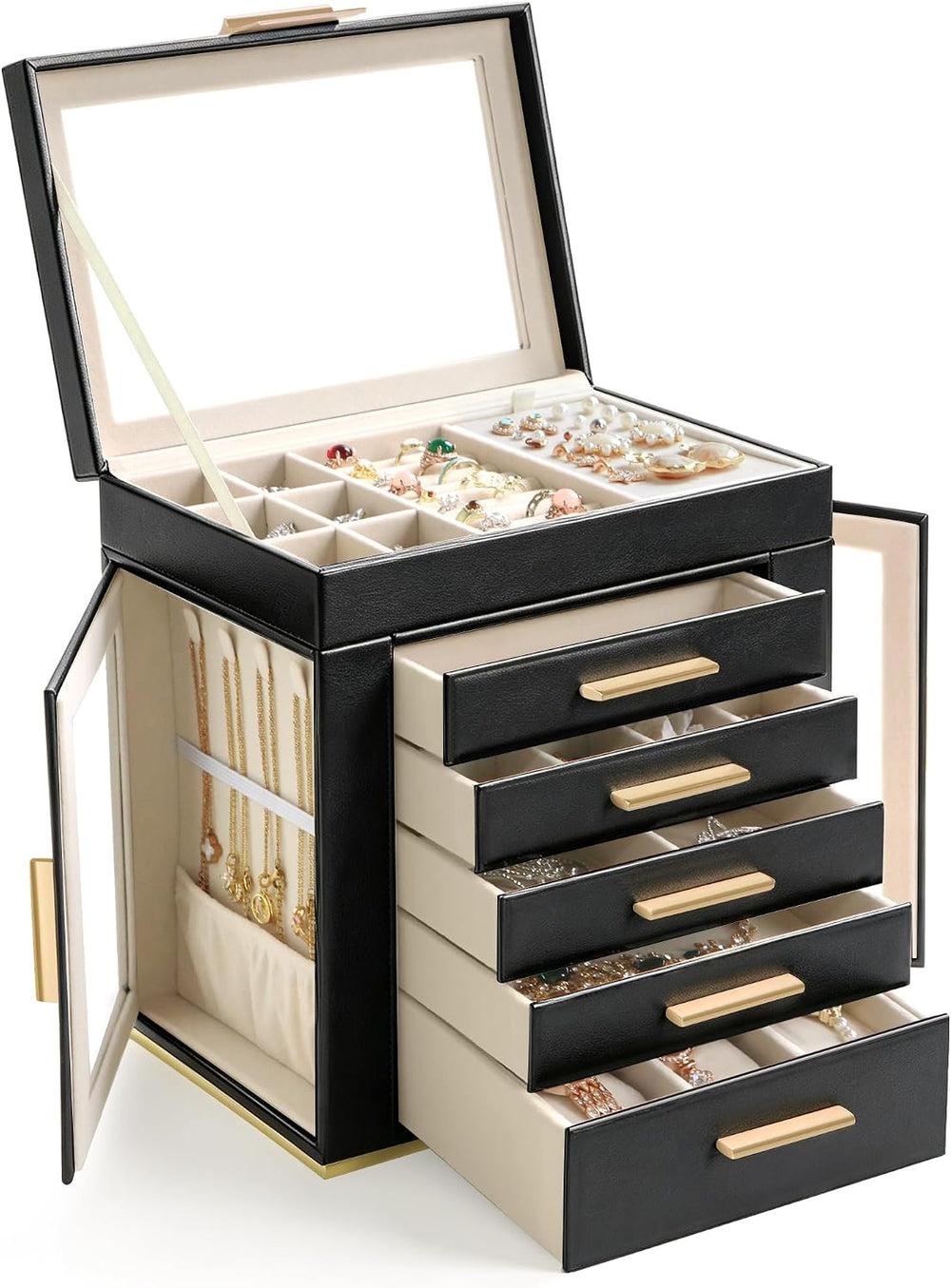 Homeanda Jewelry Boxes with Glass Lid, 6-Layer Large PU Leather, Black
