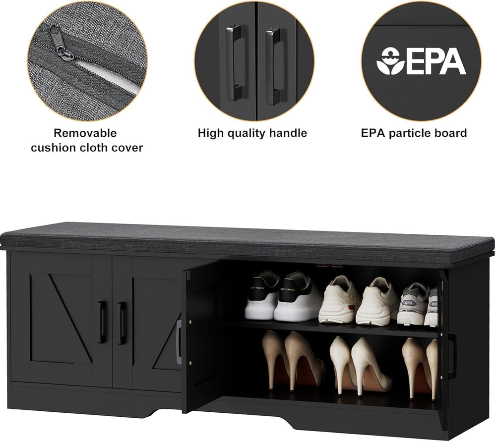 HOMSHO Farmhouse Shoe Storage Bench with 4 Barn Doors & Padded Seat Cushion