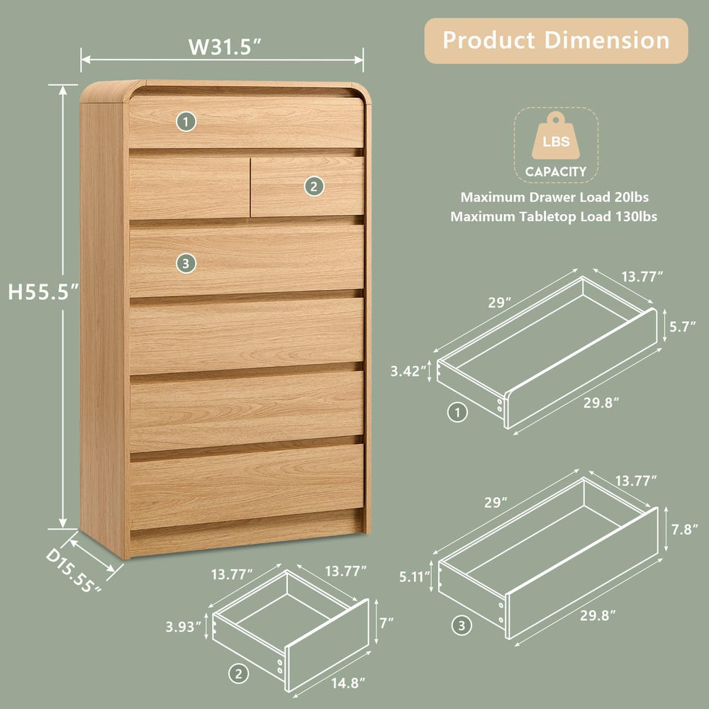Aitjunz Modern 7 Drawers Dresser for Bedroom, 55" Tall Dresser, Natural Oak