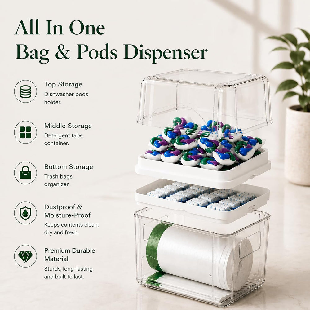 Trash Bag Holder & Dishwasher Pod Dispenser with 2 Bamboo Lid Storage Con...