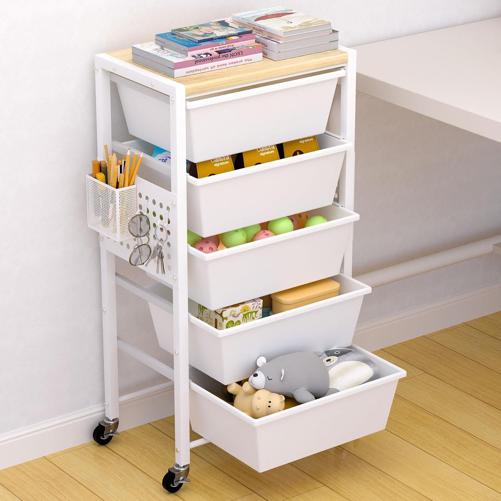 Rolling Cart with Drawers, Rolling Storage Cart with 5 Large Plastic Drawers ...