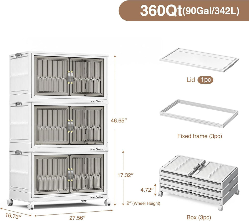 BROVIEW 360Qt Stackable Storage Bins with Lid for Home Dorm, 3Pack White