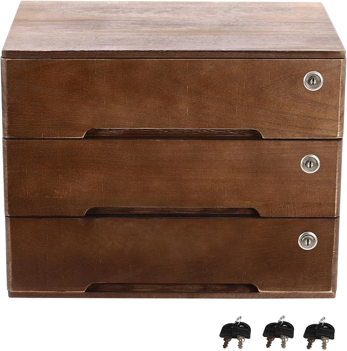 3 Drawers Wood Storage Box Wooden Storage Cabinet Organizer, Tabletop Storage Organization Box with Lockable Drawers for Office,Home. (Walnut)