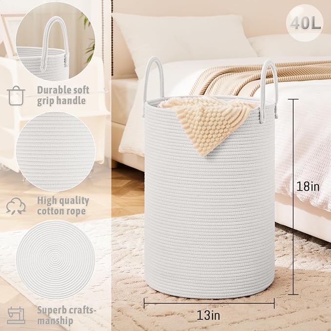Laundry Basket, Woven Cotton Rope Laundry Hamper, 40L - Image 6