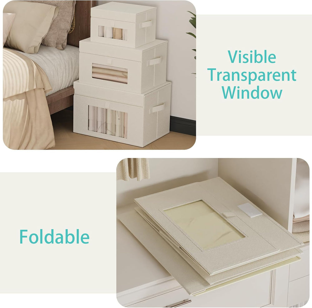 Transparent Window Storage Bins, 4 Pack, Beige, 15x9.8x9.8 In