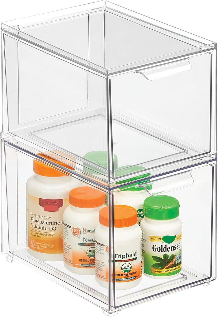 mDesign Plastic Bathroom Organizer Bin w/Pull Out Drawer - Slim Stackable Storage Container for Bathroom Accessories - Perfect for Organizing Bathroom Cabinet - Lumiere Collection - 2 Pack - Clear
