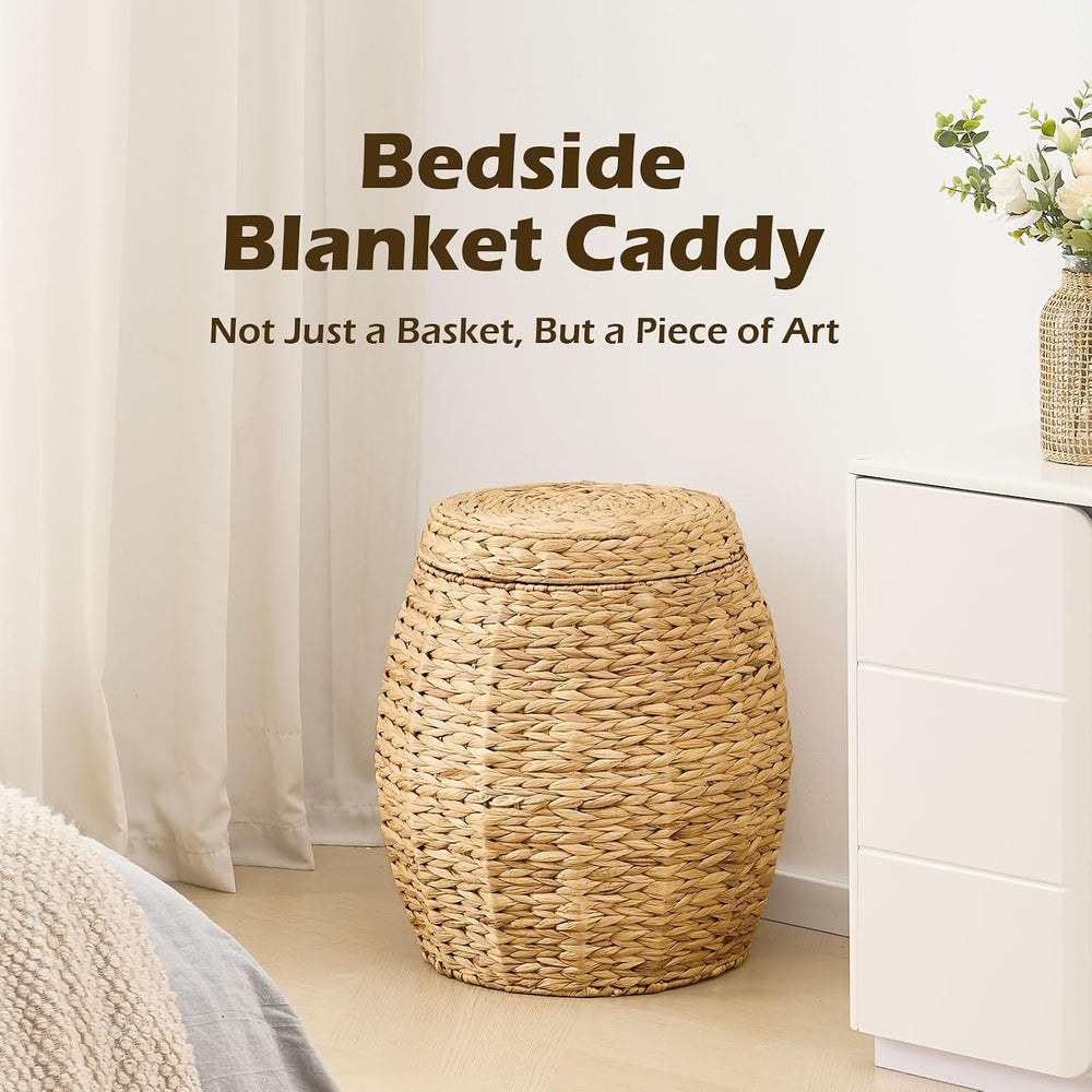 Round Wicker Basket with Lid, Handwoven Water Hyacinth Storage Basket, Blanke...