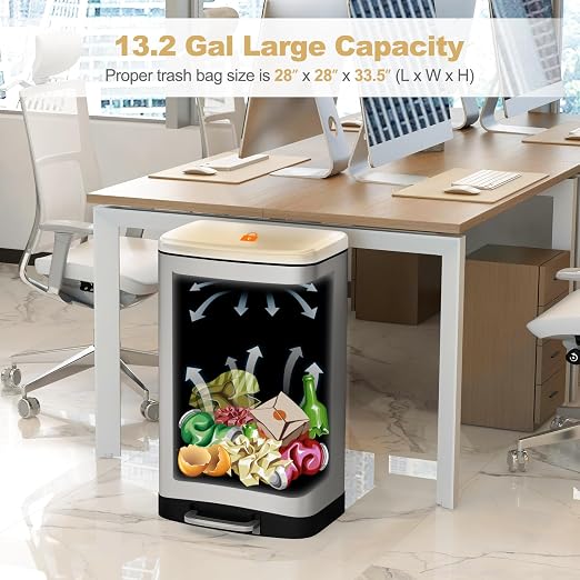 S AFSTAR 13.2 Gal Step Trash Can, 50 Liter Stainless Steel Pedal Trash Bin - Image 2