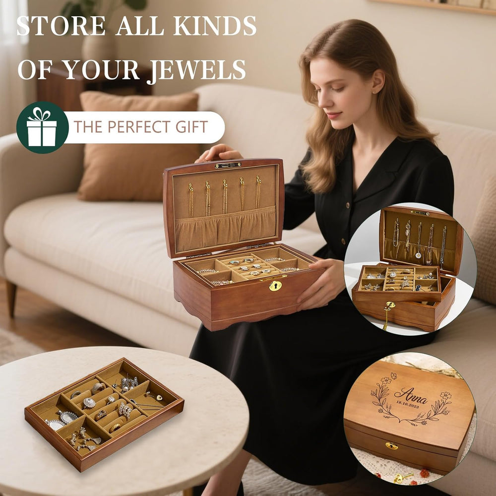 Personalized Wooden Jewelry Box, Customized Double Layer Retro Jewelry Organi...