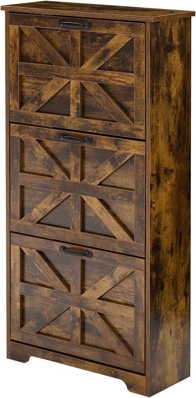 Shoe Cabinet with 3 Flip-Up Drawers, Adjustable Wooden Shoe Organizer with Sh...
