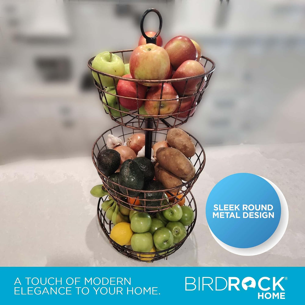 BIRDROCK HOME 3 Tier Wire Fruit Basket | Round Metal Standing Baskets | Fruit...