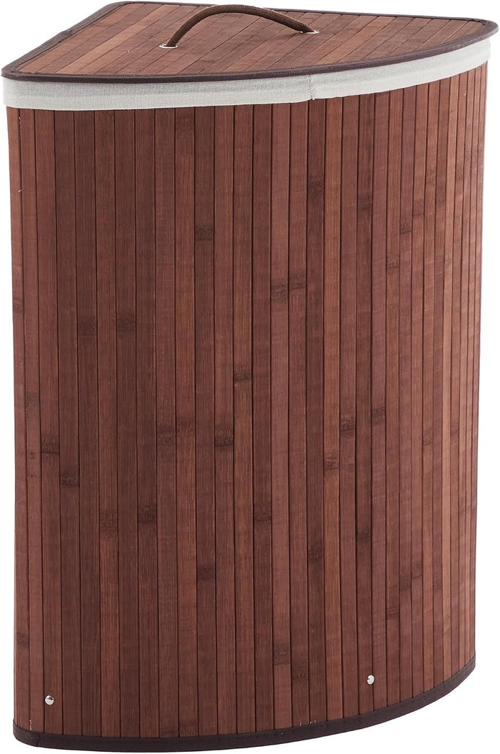 Bamboo Corner Laundry Hamper with Lid – 58L Large Collapsible Clothes Basket – Removable Washable Liner & Handles – Space-Saving Wicker Storage for Bedroom, Bathroom, Apartment – Dark