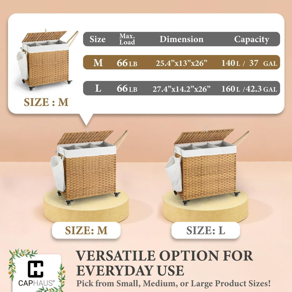 CAPHAUS Laundry Basket w/Wheels, Synthetic Rattan Laundry Hamper w/Lid, Remov...