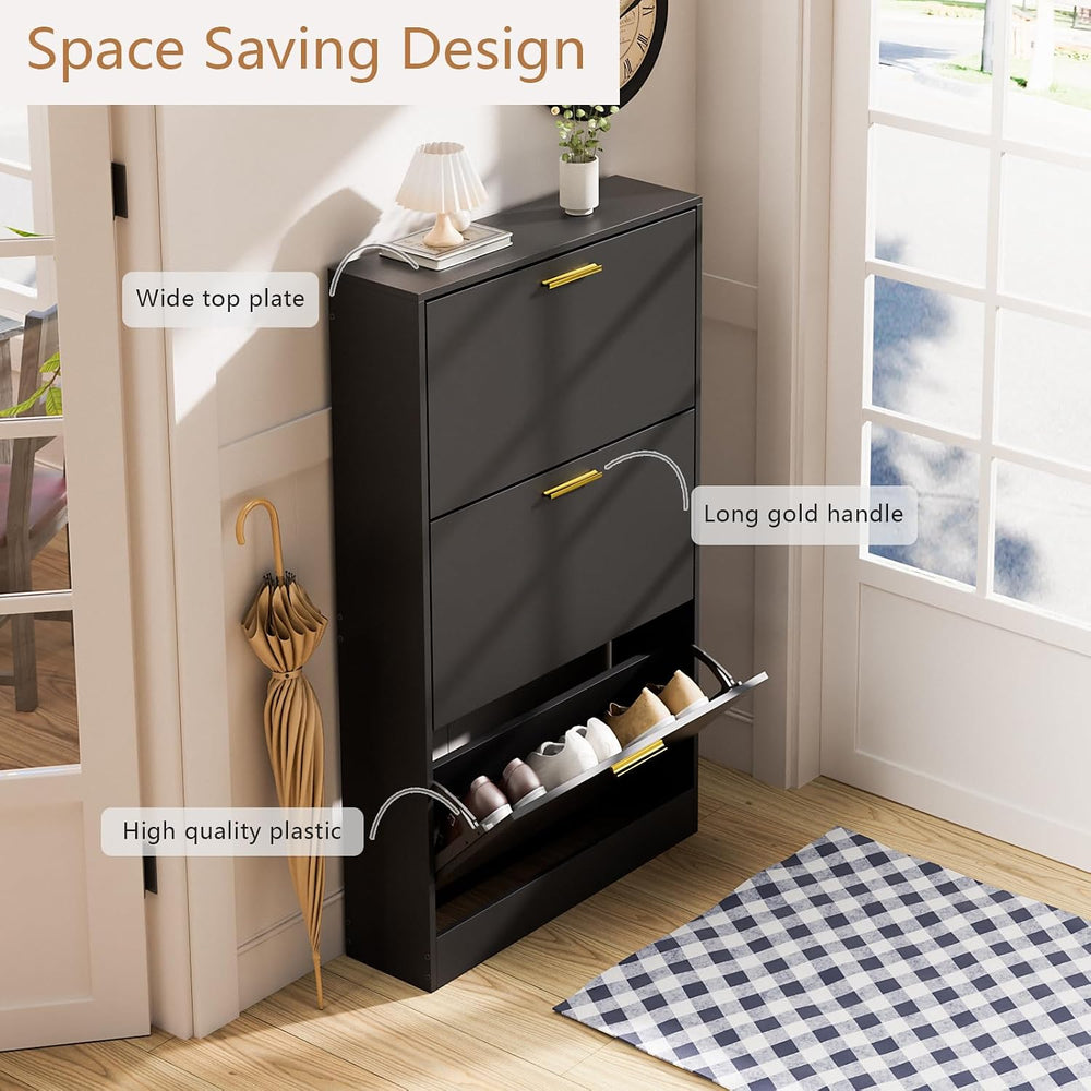 LYNSOM Modern Entryway Shoe Cabinet with 3 Flip Drawers and Top Display, Blac...