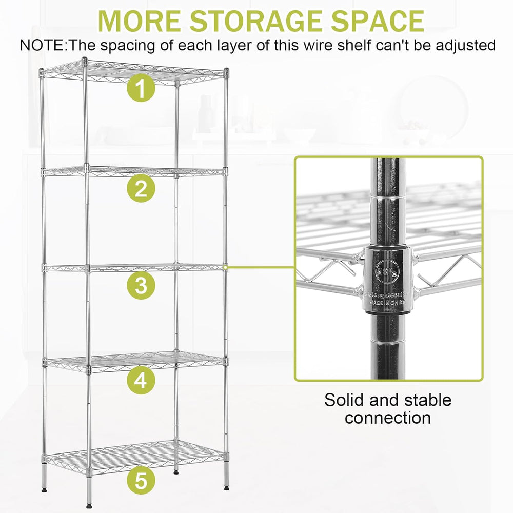 5-Tier Metal Shelving Unit, 750 lb, 24 x 14 x 60 in, Chrome