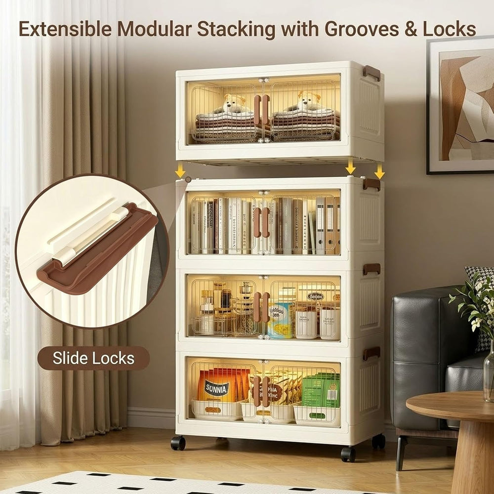 154QT Stackable Collapsible Storage Bins withLids and Front Doors, Rolling Li...