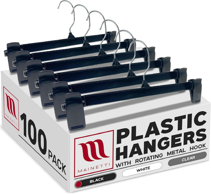 Mainetti 12in Black Plastic Pants Hangers with Non-Slip Clips (100 Pack)
