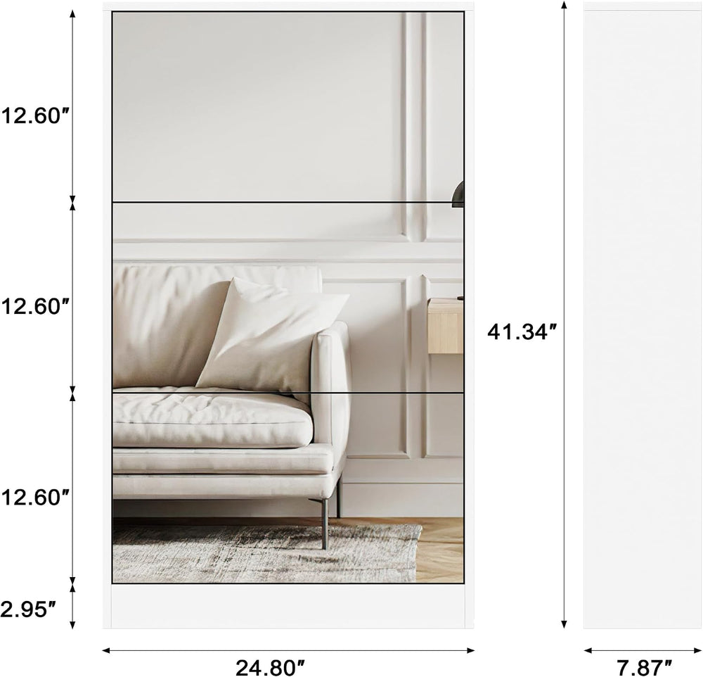 Mirrored Shoe Storage Cabinet with 3 Flip Drawers