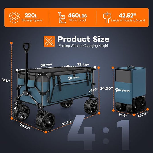 220L Collapsible Wagon Cart Foldable, 460lbs Load Capacity Heavy Duty Folding - Image 2