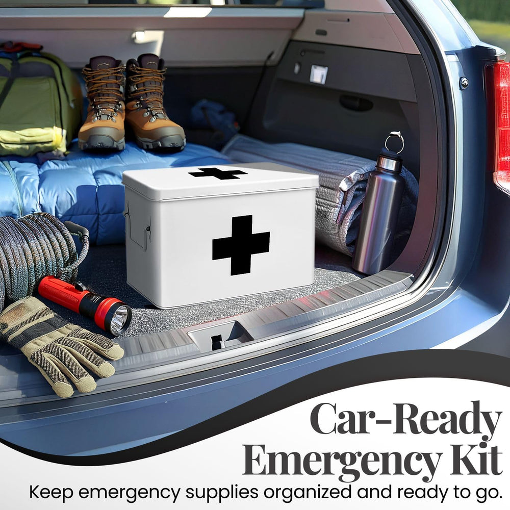 Flexzion Large Metal First Aid Box Empty, 13-Inch, White with Black Cross