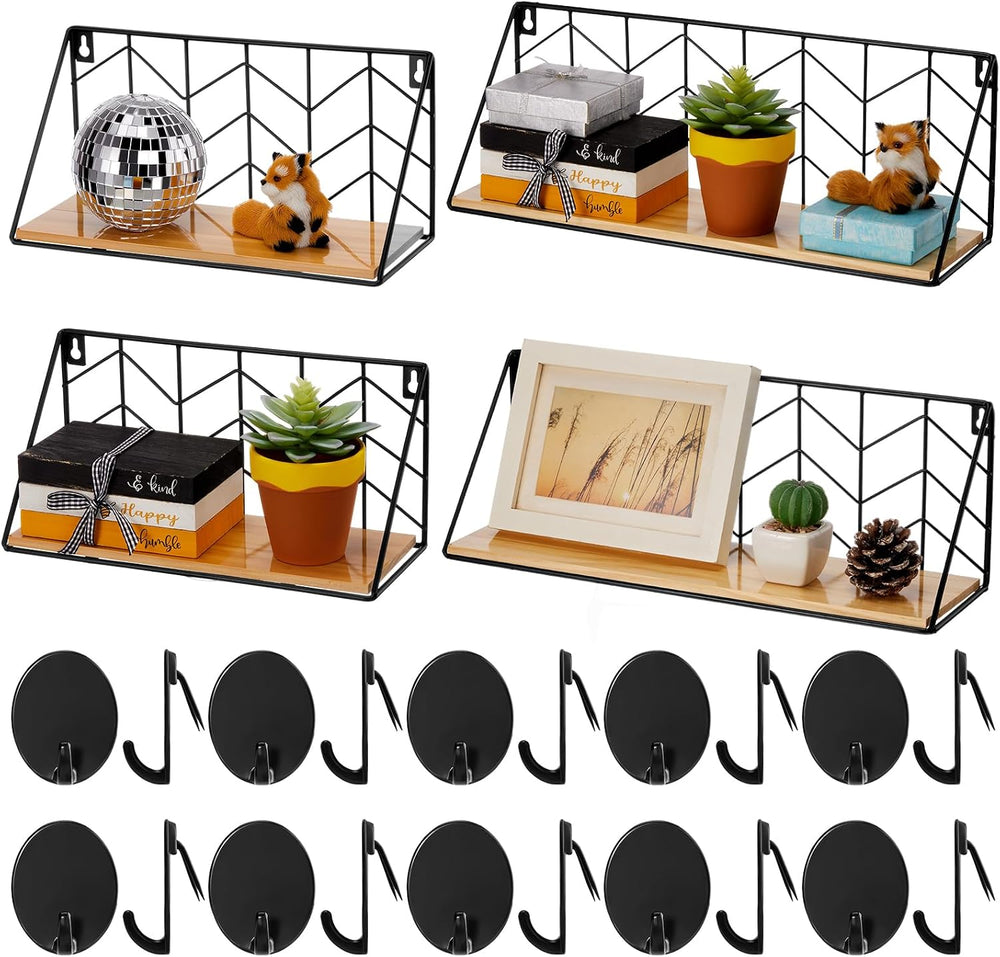 Maxdot Floating Shelves Wall Mounted Set of 4 with 24 Cubicle Hooks, Black