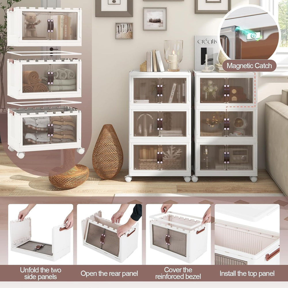 HOMGX 3 Tier Stackable Storage Bins, Collapsible Closet Organizers w/Wheels a...