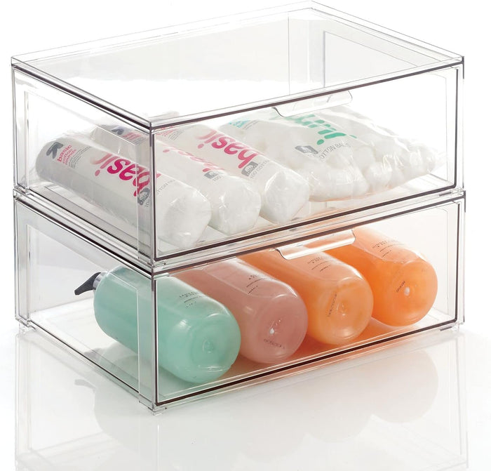 mDesign Plastic Stackable Bathroom Storage Organizer Bin Containers with Front Pull Drawer for Bathroom Countertop, Vanity, Closet Shelves - Holder for Accessories - Lumiere Collection, 2 Pack, Clear