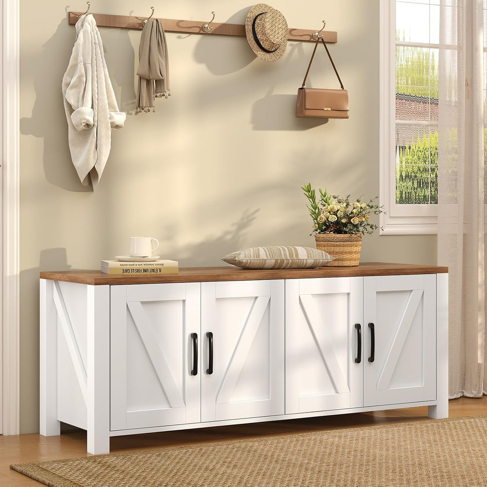 47.3" Shoe Storage Bench, Farmhouse Entryway Bench with 4 Doors & Ad...