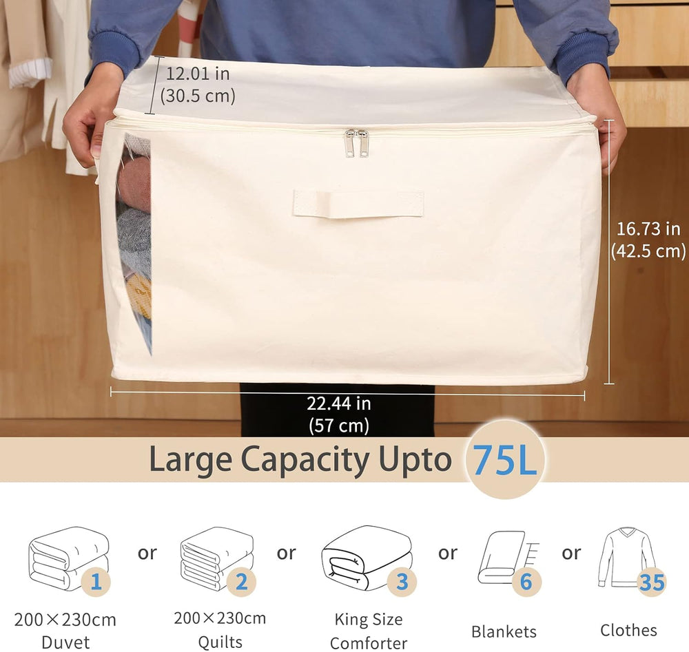 3 Pack Canvas Comforter & Blanket Storage Bags with Clear Window, Beige