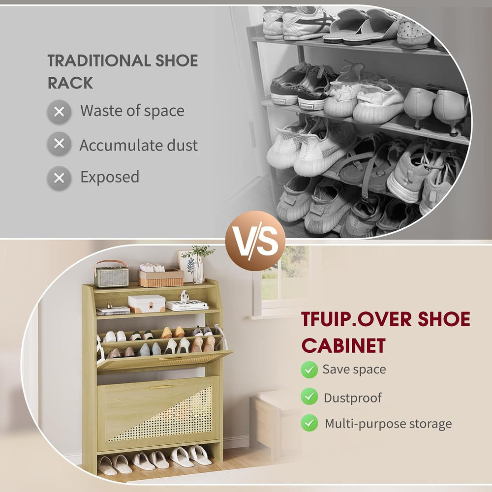 Rattan Shoe Storage Cabinet with 2 Flip Drawers, Wooden Shoe Cabinet with Adj...
