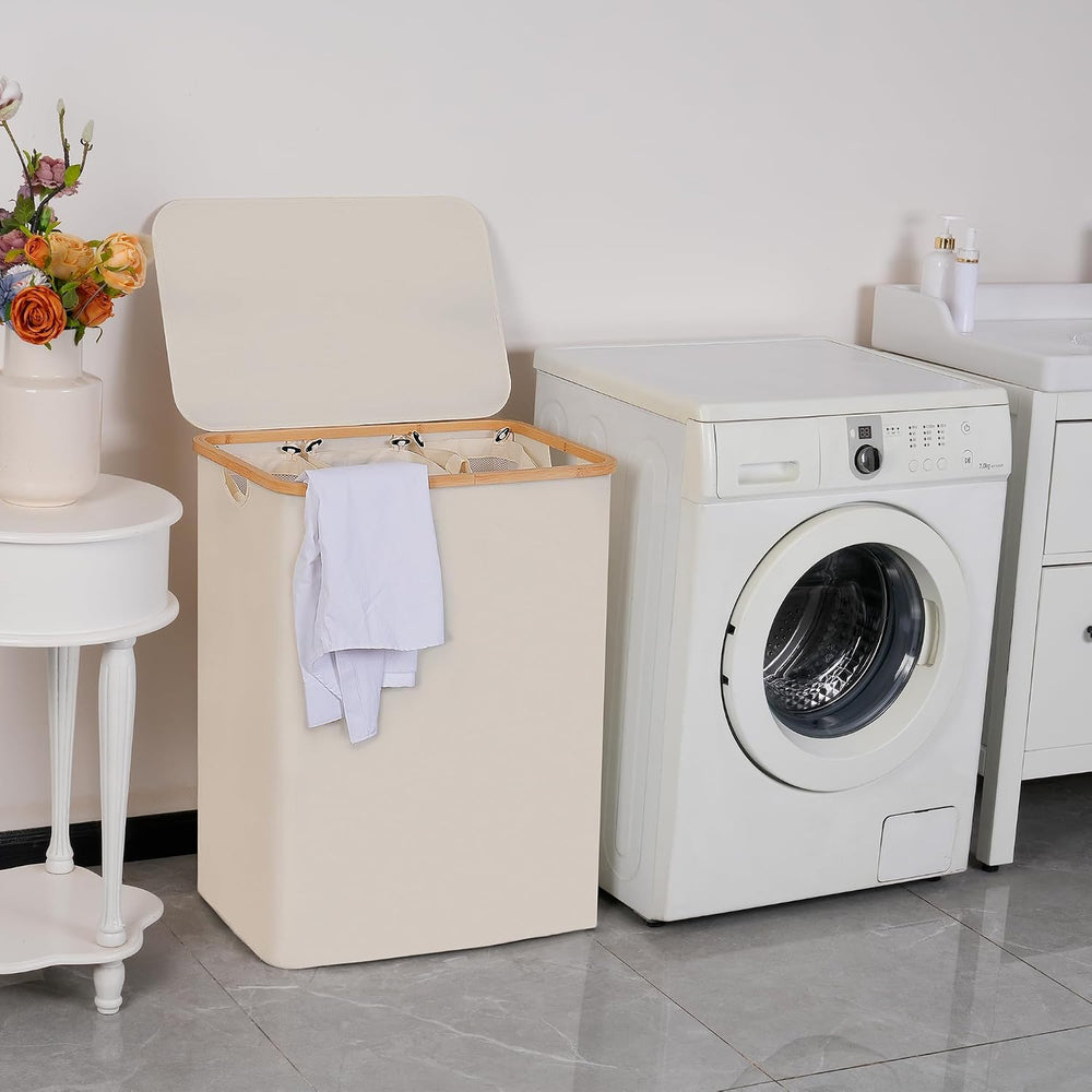 efluky Laundry Hamper 3 Section with lid and 3 Removable Bags, Beige