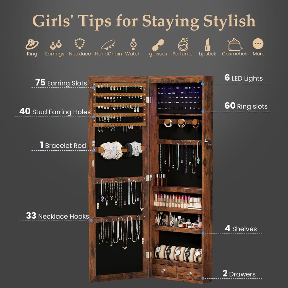 DUMOS 6 LEDs Mirror Jewelry Organizer Cabinet, Jewelry Armoire, 47.2 Inch