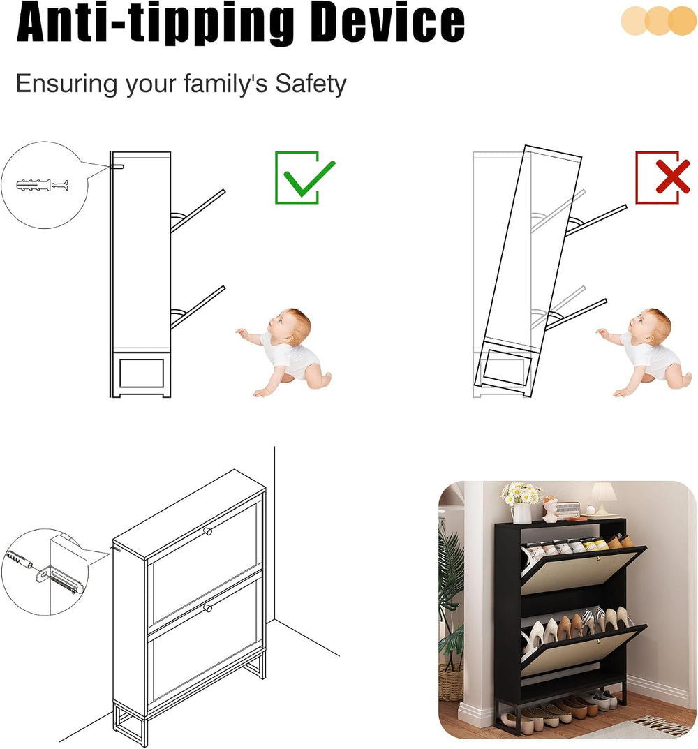 AVZEAR Narrow Shoe Cabinet with 2 Flip Drawer, Freestanding Shoe Organizer Sh...