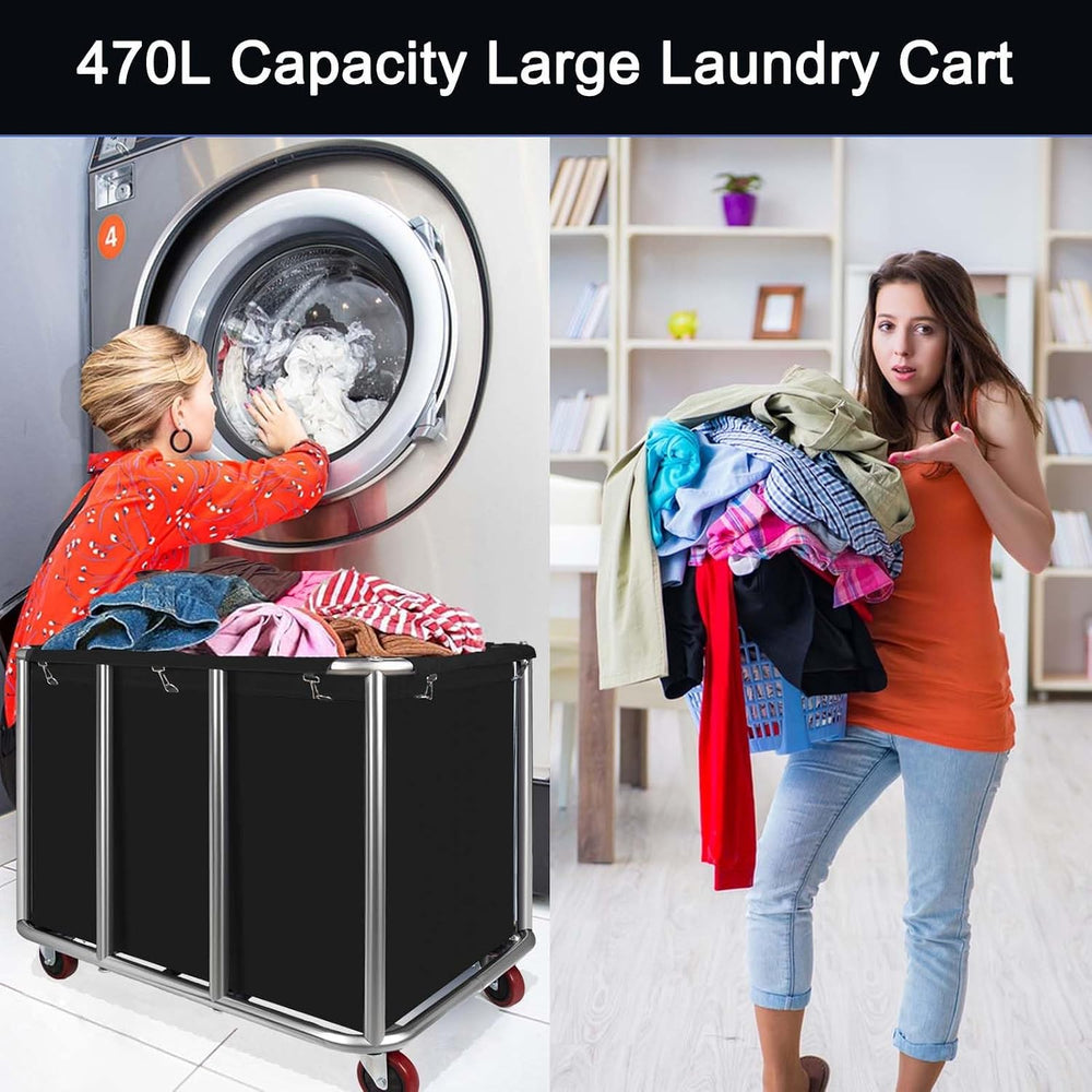Commercial Laundry Cart with Wheels, 470L Industrial Rolling Laundry Basket, ...