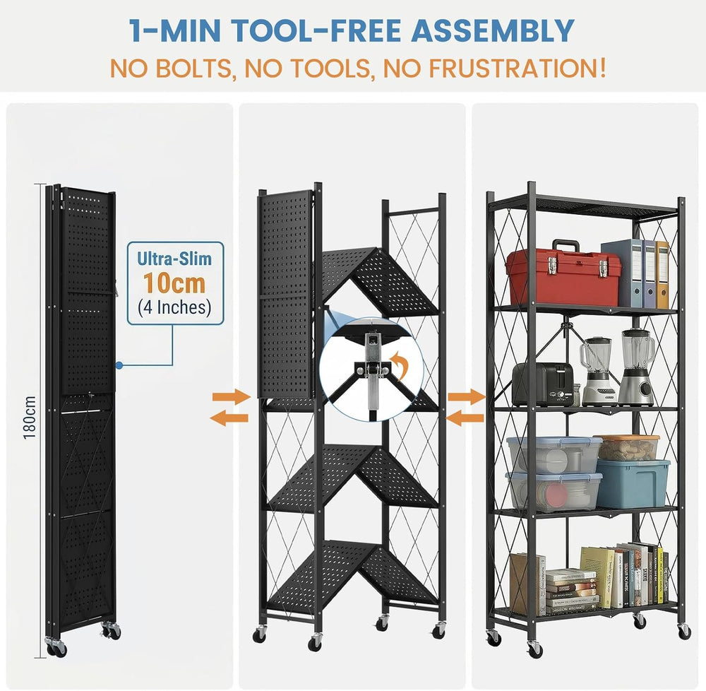 ALANNG 70.7" H Metal Storage Shelves, 5 Tier Folding Shelf on Wheels