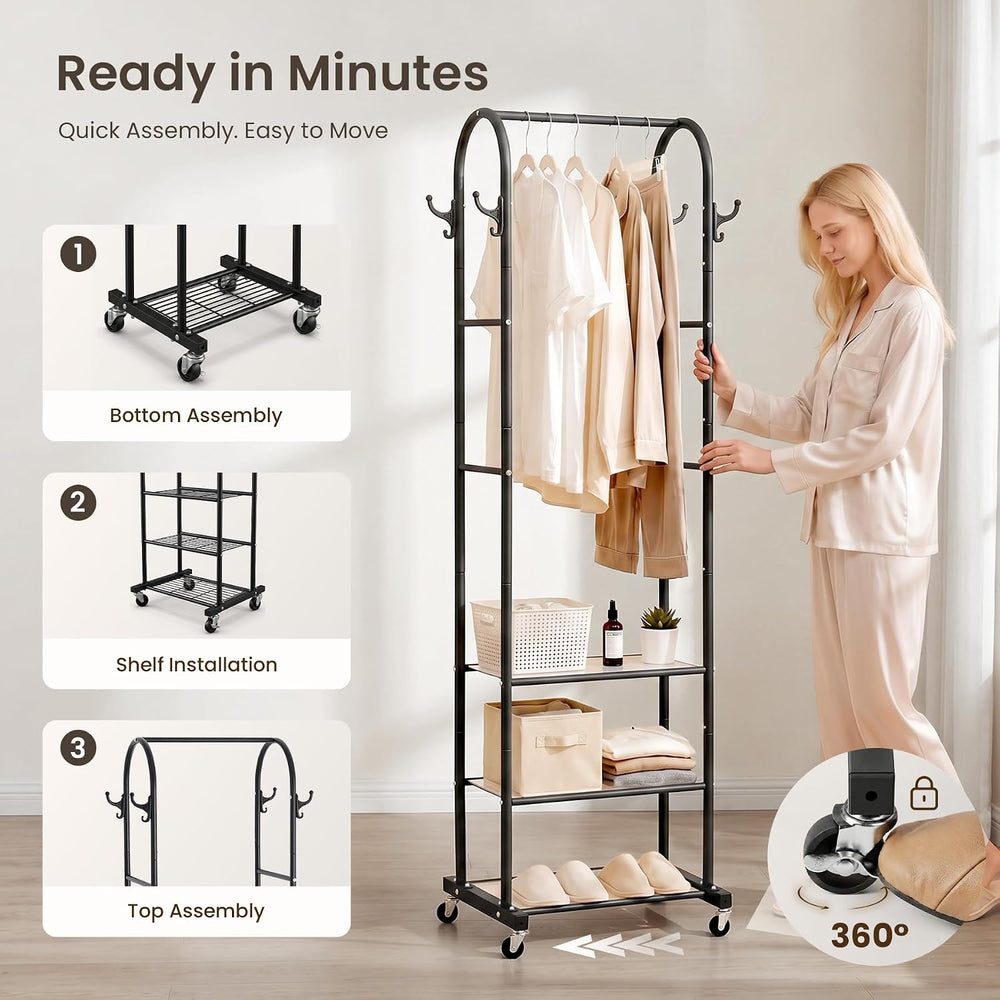 Cesun Small Clothes Rack with 3-Tier Mesh Shelves & 8 Hooks, Black