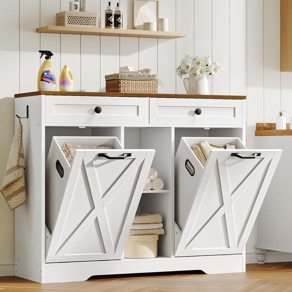 HOOBRO Double Tilt Out Laundry Hamper Cabinet, 23 Gallon Farmhouse Trash Can ...