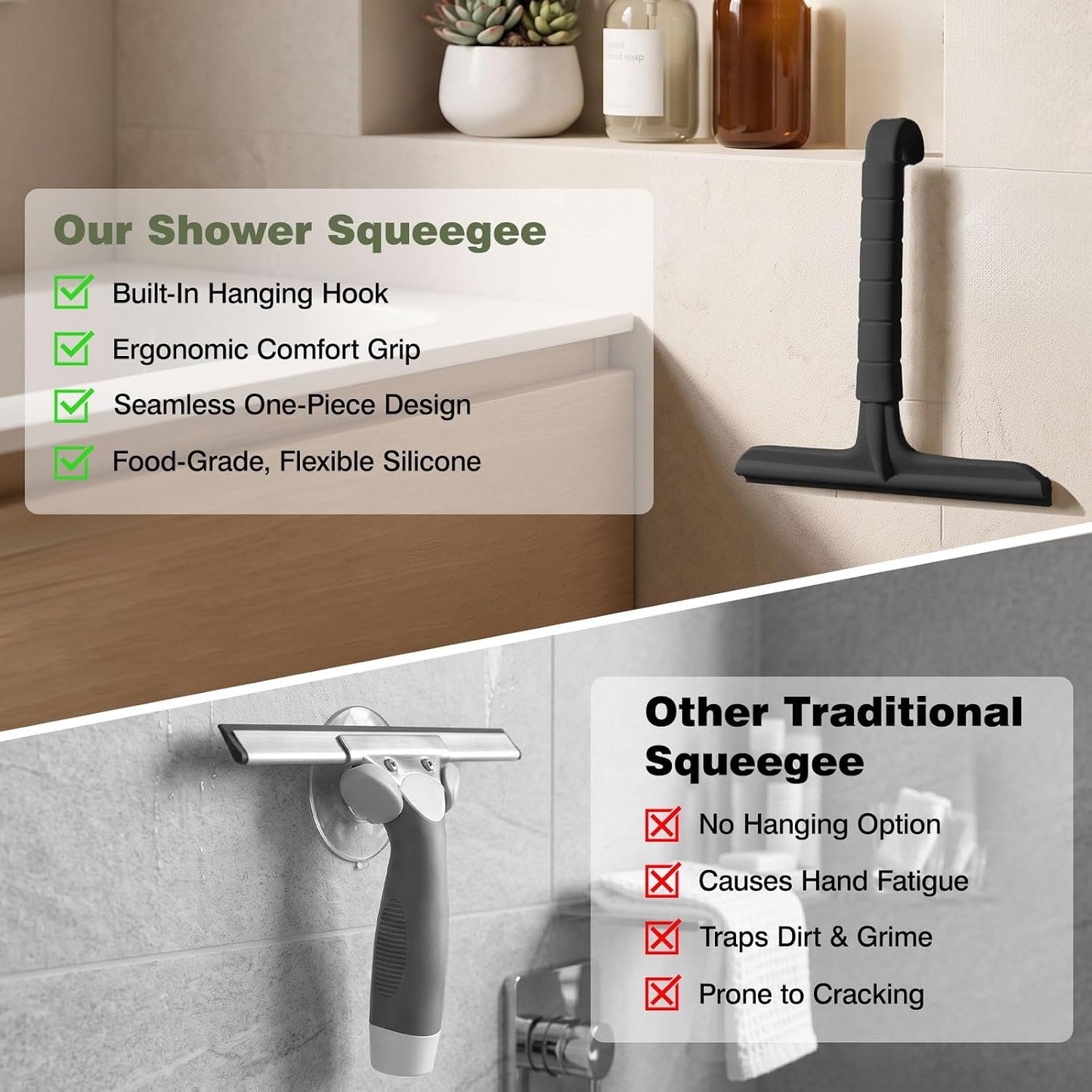 Roylvan Silicone Shower Squeegee for Glass Doors with Built-in Hook, Black | All-in-One Shower Squeegee with Ergonomic Grip, Household Window Mirror Cleaner for Bathroom Glass Kitchen Tile Wall Car