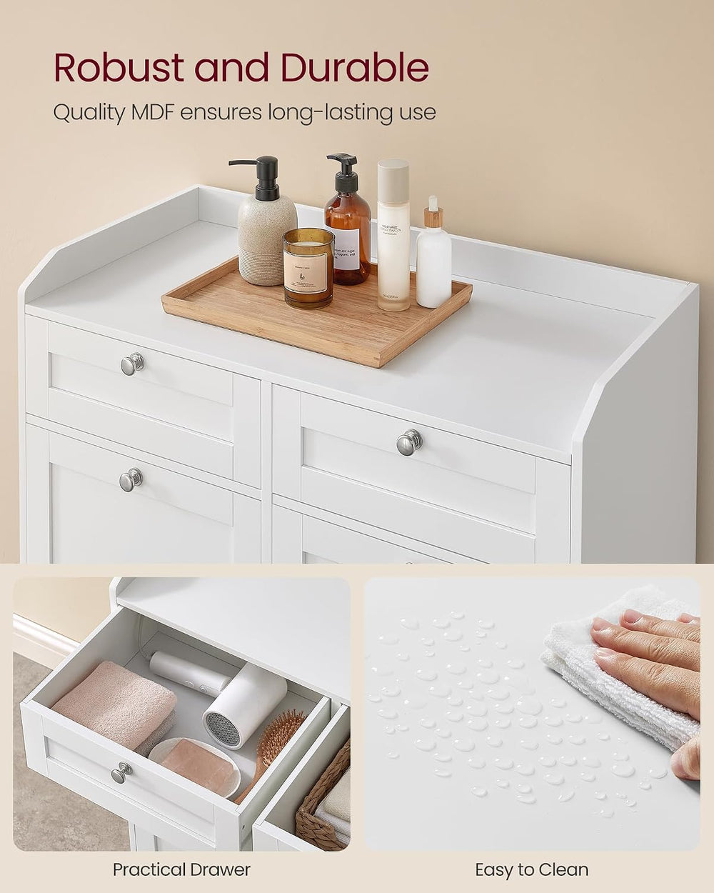 VASAGLE Laundry Cabinet with Tilt-Out Basket, 2 Drawers, 2 Baskets,