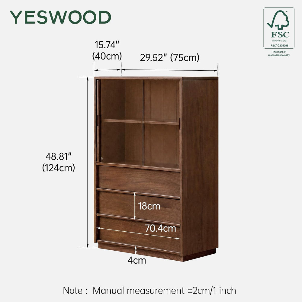 100% Solid Black Walnut Storage Cabinet with Dimmable LED, Glass Doors, Adjus...