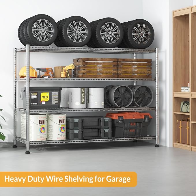 Himimi Storage Shelves with Wheels, 4-Tier Heavy Duty Steel Wire Rack Storage