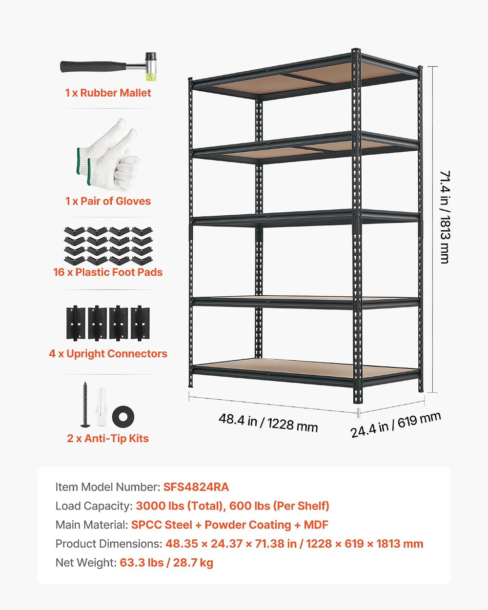 VEVOR Storage Shelves, 5-Tier Adjustable, 3000 lbs Capacity Heavy Duty