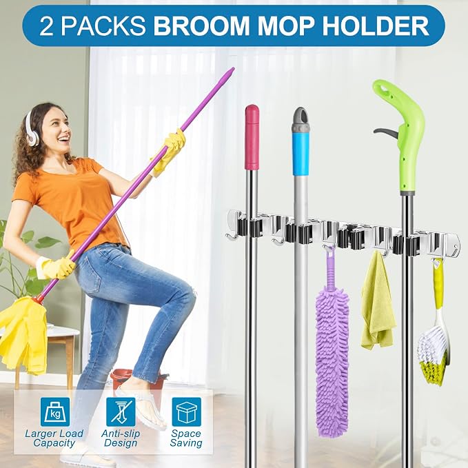 IMILLET 2 Broom Holder Wall Mounted, Stainless Steel Broom Mop Holder Self - Image 7