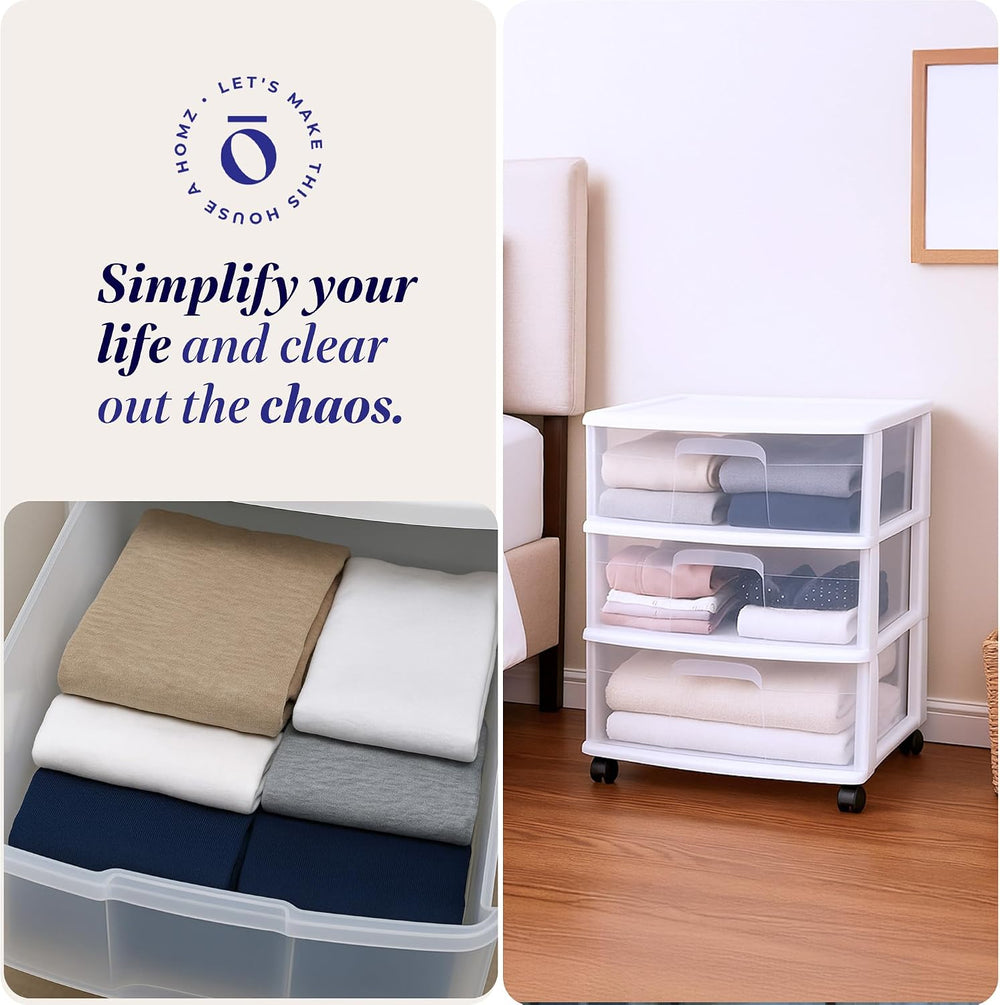 HOMZ Drawer Tower, 3-Tier Storage Cart with Removable Wheels, White Frame