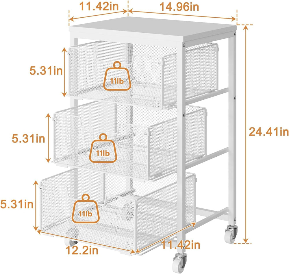 Kitchen Cart with Storage, 3-Tier Pantry Organizer and Storage Cart with Draw...