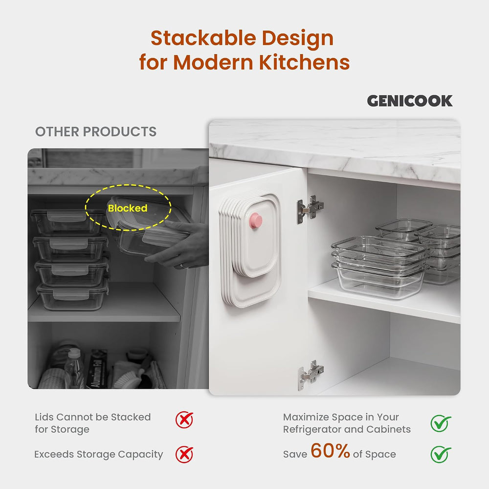 GENICOOK 8 Pack Glass Food Storage Containers with Click-Together Lids, 143 o...