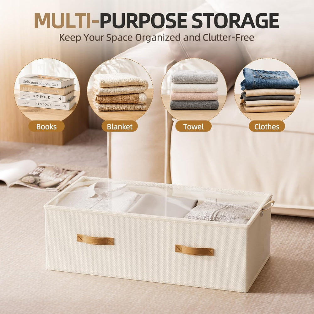 FHSQX 4 Pack Under Bed Storage Bins,10 Inch Tall,Beige, 31.5x15.8x10 inch