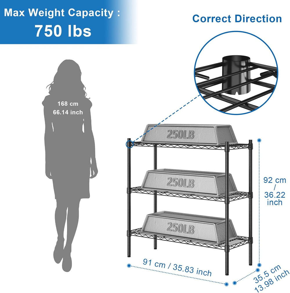 Auslar 3-Tier Heavy Duty Wire Shelving Adjustable Metal Storage Rack Black