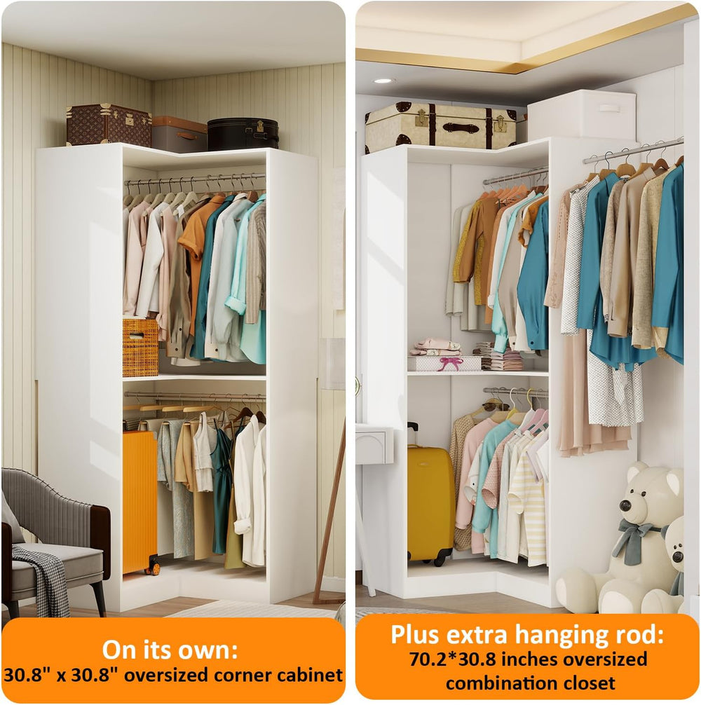 Vomavex Corner Closet System with 3 Hanging Rods, 30.8”-70.2” L Shaped Freest...