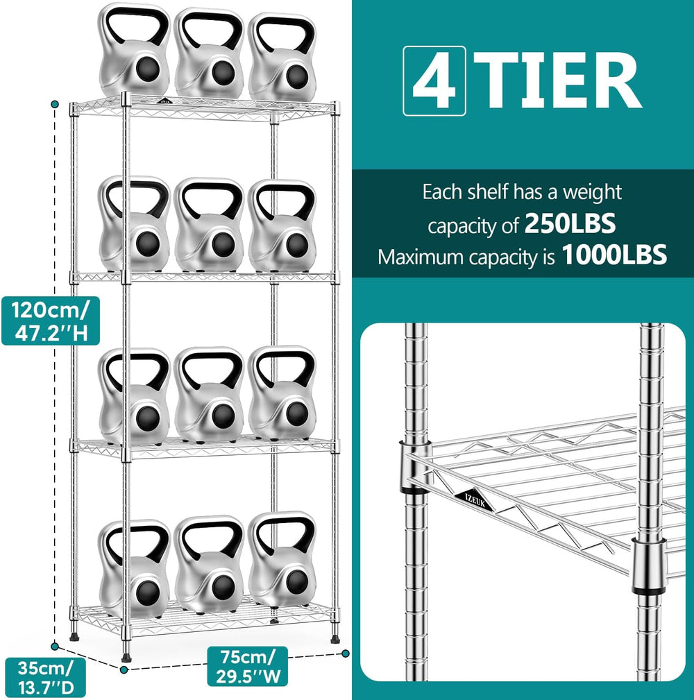 IZEUK 4-Tier Heavy Duty Steel Storage Shelves, Metal Shelf Wire Shelving Rack...